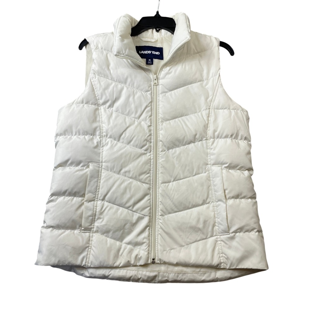 Lands End Off White Medium (10-12) Down Filled Full Zip Polyester Pockets Vest
